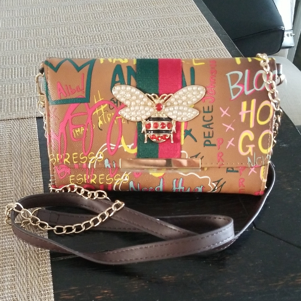 Alba Brown Graffiti Crossbody Bag with Bee Accent
